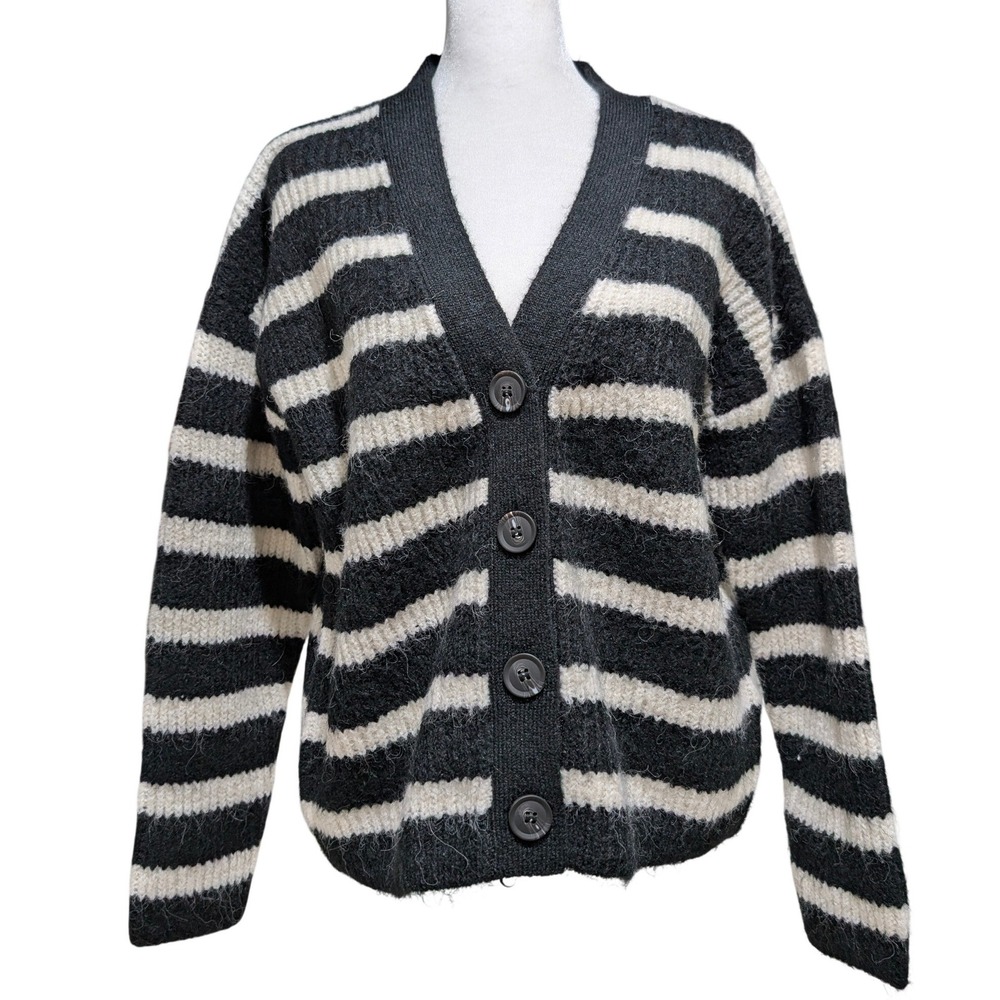 Piombo Striped Wool Alpaca Blend V-Neck Cardigan Sweater Black Cream NWT M